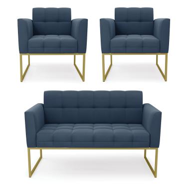 Imagem de Kit 1 Sofá Namoradeira e 2 Poltronas Elisa Suede Azul Marinho Base Metálica Industrial Dourado D03 - D'Rossi