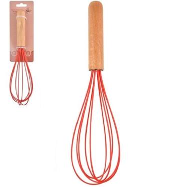 Imagem de Batedor de Ovos em Silicone, Cabo de Madeira, 24,5cm, Fouet, Resistente ao Calor, Antirrisco, Cozinha, Massas, Fácil Limpeza