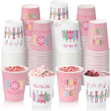 Imagem de Yaomiao 200 peças de copos de papel pastel de Natal rosa a granel de Natal 255 g Merry & Bright Nutcrackers Tree Copos descartáveis para decoração de festa de Natal
