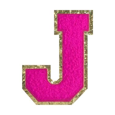 Imagem de 1 peça de patch de letra de chenille rosa de 11,4 cm com borda dourada – Remendos do alfabeto para roupas, jaquetas, mochilas, chapéus para decoração personalizada, nome personalizado e artesanato. (J