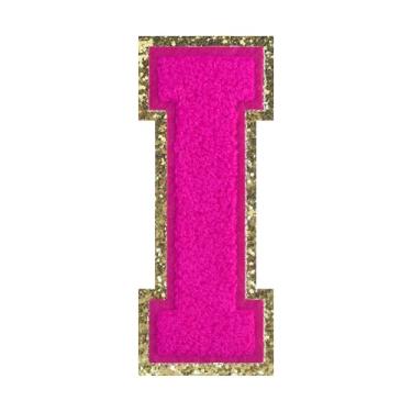 Imagem de 1 PÇ Patch de letra de chenille rosa de 11,4 cm com borda dourada – Remendos do alfabeto para roupas, jaquetas, mochilas, chapéus para decoração personalizada, nome personalizado e artesanato. (I)