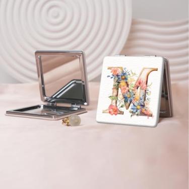 Imagem de Espelho de maquiagem portátil da série Floral Alphabet, mini espelho de maquiagem portátil dobrável, espelho de contorno quadrado portátil com dupla face, adequado para todas as pessoas usarem em