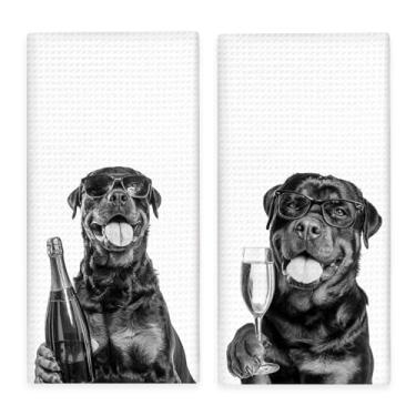 Imagem de Lengues Conjunto de 2 toalhas de cozinha engraçadas Rottweiler, toalhas de mão de bar de champanhe, presentes para amantes de rottweiler, toalha de prato para decoração de cozinha, presentes