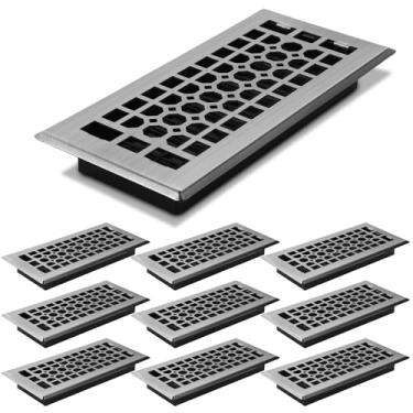 Imagem de MorningRo Pacote com 10 registros de piso 10 × 25,4 cm capas de ventilação de aço níquel escovado para piso doméstico resistente caminhável ajustável direção fluxo de ar grades de registro de metal