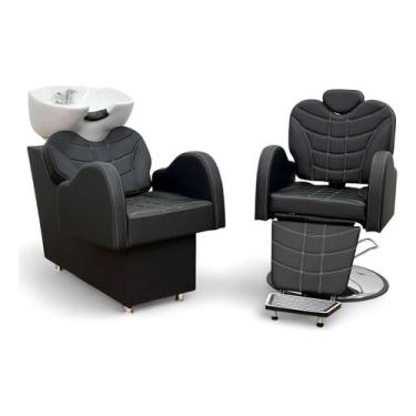 Imagem de Kit 1Cadeira Barbeiro Hidráulico 1 Lavatório Cuba Porcelana Preto Acet