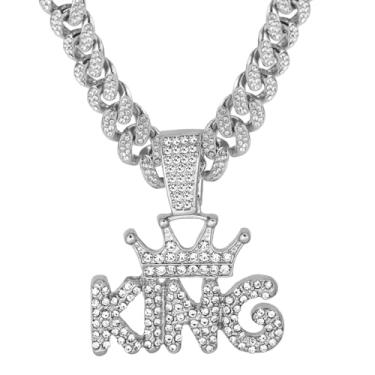 Imagem de GuoShuang Corrente de elos cubanos com pingente de coroa de rei para homens e mulheres, corrente cubana Miami de 45,7 cm, colar hip hop