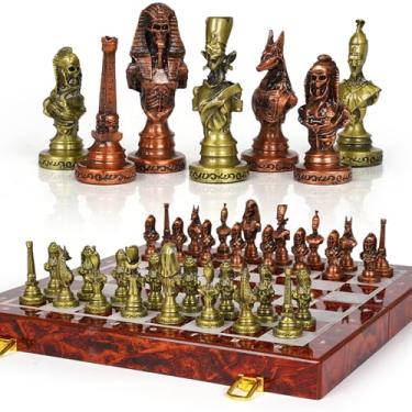Imagem de Large Egyptian Metal Chess Set for Adults – 15 Inch Foldable Wooden Chess Board with Weighted Antique Chess Pieces – Vintage Luxury Game Gift for Collectors，Classic Board Game
