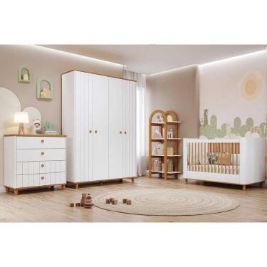 Imagem de Quarto Infantil Completo Cupcake 4 Peças (guarda Roupa+cômoda+berço+estante) Qi103 Branco/nature - Permóbili Baby