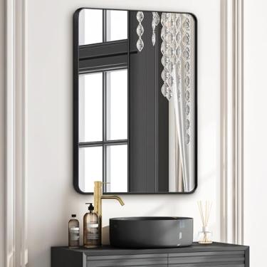 Imagem de Espelhos de banheiro para pia, 1 peça de espelhos de vaidade de 50 x 76 cm para parede, espelhos retangulares de armação de metal preto para banheiro de fazenda, banheiro, pendurado horizontal ou