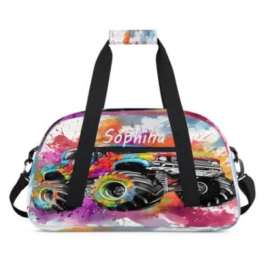 Imagem de Bolsa esportiva personalizada, caminhão de desenho animado colorido com nome, bolsa de dormir personalizada, bolsa de fim de semana, bolsa de treino para dança, balé, academia, ginástica, mala, viagem