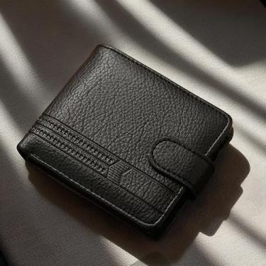 Imagem de Carteira masculina dobrável com fecho de pressão, porta-cartões e dinheiro compacto para uso diário, Preto, Retrô