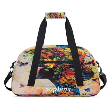 Imagem de Bolsa esportiva personalizada, feminina, flor, pássaro, colorida, com nome, bolsa de festa do pijama, bolsa de fim de semana, bolsa de treino para dança, balé, academia, ginástica, mala, viagem