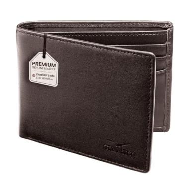 Imagem de Claasico Carteira masculina dobrável para homens – Carteira de couro genuíno RFID, porta-cartão fino com janela para identidade – Caixa de presente incluída, Marrom, Small, Carteira masculina dobrável