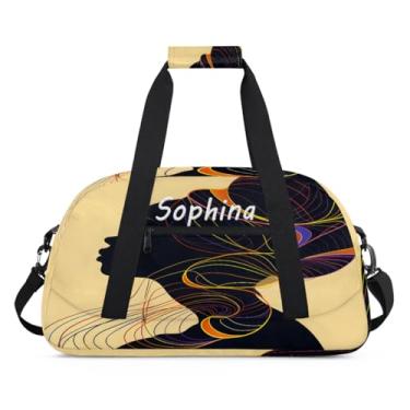 Imagem de Bolsa esportiva personalizada feminina africana retrô étnica com nome, bolsa de dormir personalizada, bolsa de fim de semana, bolsa de treino para dança, balé, academia, ginástica, mala de viagem