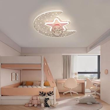 Imagem de Luminária de teto criativa para quarto infantil, com LED dimerizável e controle remoto, em formato de lua. Luminária moderna e decorativa, ideal para quartos de meninos e meninas.