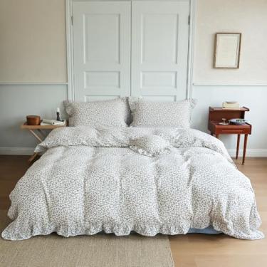 Imagem de BuLuTu Capa de edredom King com babados florais azuis vintage, capa de edredom de princesa, 100% algodão, musselina, com zíper, 228 x 264 cm, sem travesseiro, macio e leve