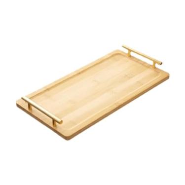 Imagem de ＫＬＫＣＭＳ Bandeja retangular de madeira para servir petiscos com alças de metal, ideal para decoração de mesas de centro, jantares e sobremesas, L