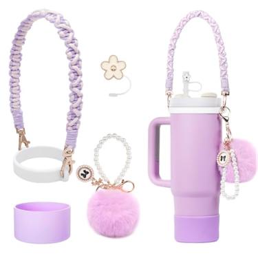 Imagem de BELSITA Stanley Cup Accessories Set, Pom Pom Pearl Chain Design Trançado Alça para Garrafa de Água, Bota Stanley Cup, Berloques Stanley para Copo Stanley 30/1,134 g (Roxo)