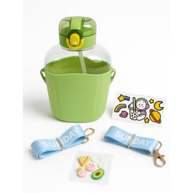Imagem de Garrafa Infantil com Canudo, Squeeze à Prova de Vazamentos, Tampa Flip-Top, Inclui Adesivos Decorativos para Crianças (Verde)