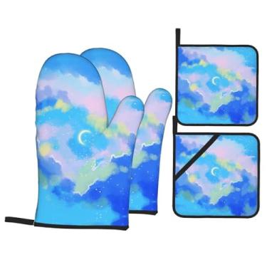 Imagem de Sky - Conjunto de luvas de cozinha estampadas com suportes de tampa, luvas de forno resistentes ao calor para manusear panelas quentes, grelhar, churrascos, kit de 4 peças.