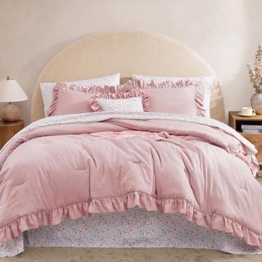 Imagem de BLOOMHAVEN Conjunto de edredom solteiro GG - 5 peças de cama rosa macio com babados, cama de fazenda chique gasto em uma bolsa, solteiro GG com edredom de babados, lençóis florais, fronhas e fronhas