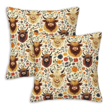Imagem de XroVindao Farmhouse Capas de almofada 45,7 x 45,7 cm Conjunto de 2 | Capas de almofada de vaca rústica das terras altas | Fronhas de casa de campo vintage para sala de estar sofá cama | Decoração de