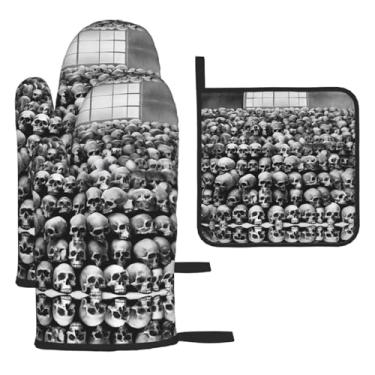 Imagem de Padrão Horrible Dark Skulls Flowers – Conjunto de cozinha essencial com 3 peças, luvas resistentes ao calor e aderência da tampa, proteção para churrasco no forno, design de armazenamento suspenso.