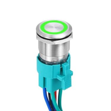 Imagem de DMiotech Interruptor de botão de trava de aço inoxidável de 7/8 polegadas, cabeça chata, 15A, 12-24 V, concha prateada de 6 pinos com soquete de cabo, anel verde LED 2NO para sistemas de barcos de