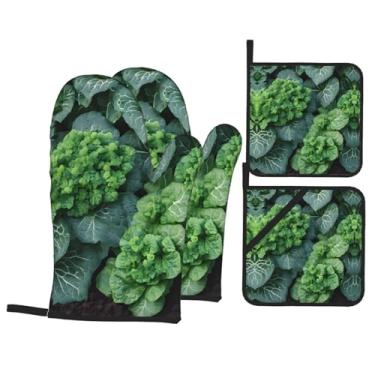 Imagem de Suculenta verde - Conjunto de luvas de cozinha estampadas com suportes de tampa, luvas de forno resistentes ao calor para lidar com panelas quentes, grelhar, churrascos, kit de 4 peças.