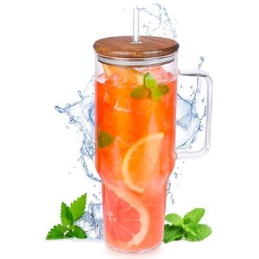 Imagem de GEHE Copo de vidro com alça Copos de vidro de 1,389 g com tampas e canudos, copo de café gelado de boca larga à prova de derramamento, grande pote reutilizável para smoothie, matcha, refrigerante
