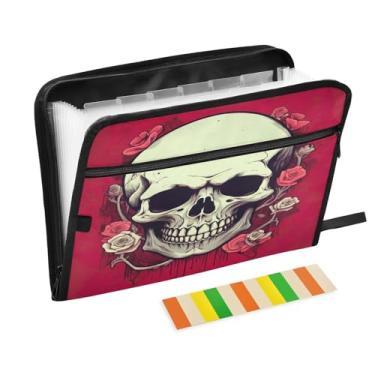 Imagem de Wassud Crânio sorridente, organizador de arquivos sanfonado, 13 bolsos, pastas expansíveis com abas e adesivos, organizador de pastas de documentos de recibo de papel tamanho carta A4 para viagens de