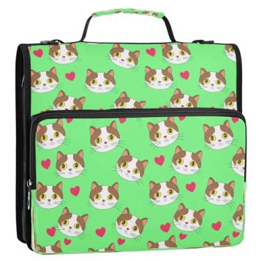 Imagem de Wassud Fichário com zíper verde claro gato 3 anéis com alça de ombro e alça vários bolsos expansível organizador de pasta de arquivo