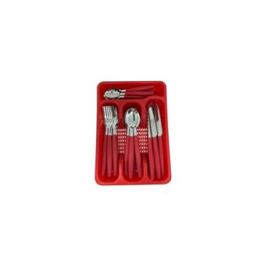 Imagem de Jogo de Faqueiro 25 Peças com Porta Talher, Aço Inox, Vermelho, 6 Pessoas, 531g