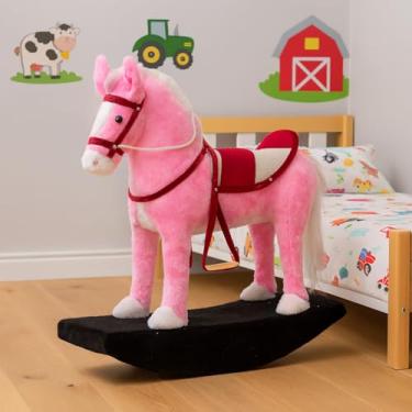 Imagem de Cavalinho de Balanço Rosa Infantil Upa Upa – Pelúcia Antialérgica + Base em Madeira, Desenvolvimento Motor, Confortável e Seguro para Crianças 2 a 6 Anos
