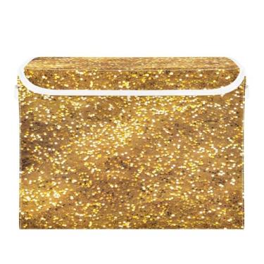 Imagem de CEBUGI Caixotes de armazenamento com tampas, caixa de armazenamento de tecido dobrável, cubo de textura dourada com purpurina, caixas organizadoras para armário de casa, prateleiras de quarto, 40 x 30