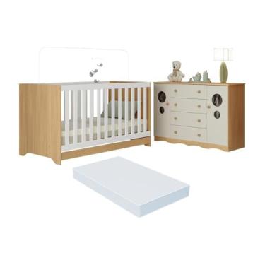 Imagem de Berço Americano 3 em 1 com Colchão Incluso e Cômoda 2 Portas 4 Gavetas Sonho Multimóveis Mp4721 Madeirado/off White