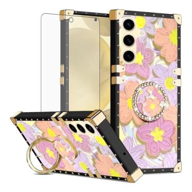 Imagem de Asuwish Capa de celular para Samsung Galaxy S24/S25 5G capa magnética com protetor de tela de vidro temperado e anel protetor de flor de pintura suporte rígido S 24 24S 25 25S G5 SM-S931U feminino