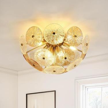 Imagem de Lustre de cristal com flor dourada, luminária de teto pendente moderna, estilo vintage, semi-embutida, para sala de estar, sala de jantar, quarto, hall de entrada, vestíbulo, estilo nórdico