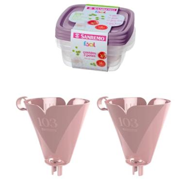 Imagem de Kit com 2 Suporte de Filtro de Café Rosa 103 + 1 Conj. c/ 3 Potes Plásticos Herméticos 530ml