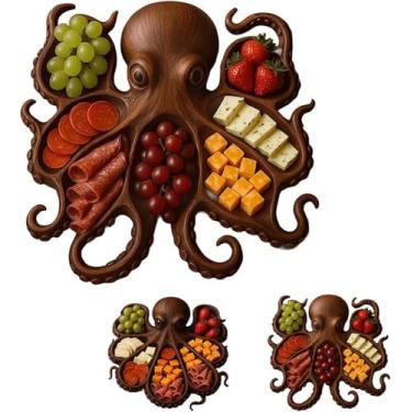 Imagem de Travessa de charcutaria de polvo, decoração de mesa de festa de cozinha doméstica, bandeja de servir de madeira náutica para queijo, carnes e frutas, presente para amantes de frutos do mar e artistas