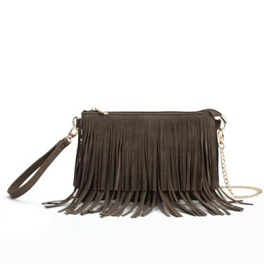 Imagem de HOXIS Bolsa transversal com franjas feminina pequena bolsa de ombro com zíper superior, Café, Small