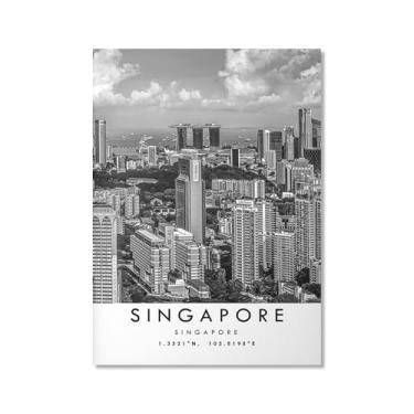 Imagem de Pôster de viagem preto e branco impressão de paisagem da cidade do mundo pintura em tela de arte de parede de Singapura decoração de casa (20 x 28 polegadas (50 x 70 cm), sem moldura)