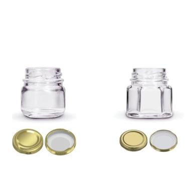 Imagem de 30x Combo Pote de Vidro Redondo e Sextavado 40ml com Tampas - Dourada