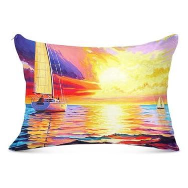 Imagem de Capa de almofada decorativa com zíper para veleiro brilhante mar pôr do sol decorativa estética padrão queen king size fronha macia para cama, tamanho padrão, 51 x 66 cm