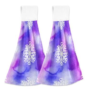 Imagem de Flocos de neve brancos roxo rosa outono toalhas de mão com laço para pendurar toalha de banho ultra absorvente conjunto de 2, toalhas personalizadas para cozinha banheiro 18,2 x 14 polegadas