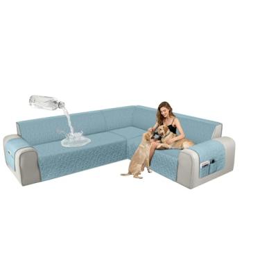 Imagem de ALIECOM Capas de sofá seccionais de canto, à prova d'água, laváveis, em forma de L, protetora, geométrica, jacquard, capa de móveis, com alça ajustável para cães de estimação (GG, azul claro)