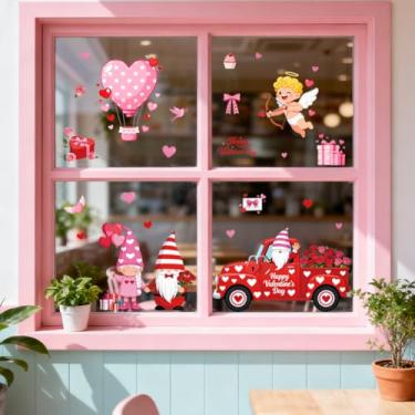 Imagem de ANATTASOUL Adesivos de janela estática para dia dos namorados, caminhões e gnomos, 1 folha de decalques reutilizáveis para vidro, 120 cm x 30 cm, adesivo removível de dupla face para quarto
