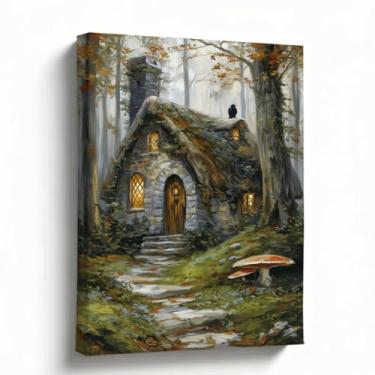 Imagem de Arte de parede Cottagecore, 20 x 25 cm, impressão em tela de cabana de floresta aconchegante, arte de paisagem rústica para sala de estar, quarto, entrada, escritório, decoração de casa de fazenda