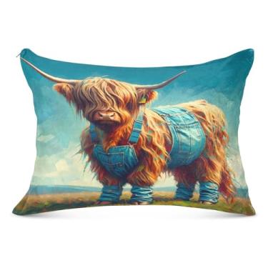 Imagem de Capa de almofada Highland Cow in Jeans King Size 50 x 76 cm, supermacia e aconchegante, com zíper, antiestática, capa de travesseiro corporal