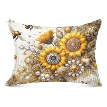 Imagem de Fronha decorativa floral Abelhas Girassol Estética com Zíper Padrão King Queen Size Fronha para Cama de Casa Sofá, Tamanho Padrão, 51 cm x 66 cm